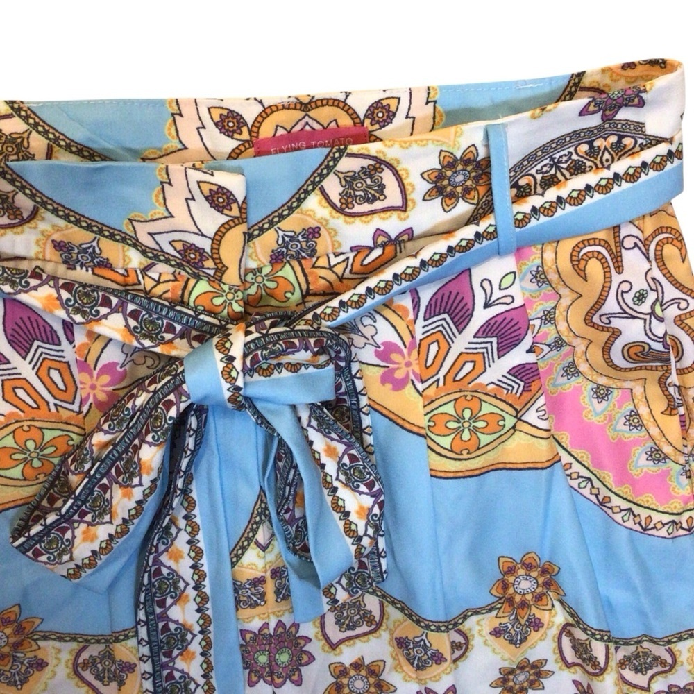 Flying Tomato High-Waist Printed Tie-Belt Shorts in Blue, Orange, White - Picture 6 of 9